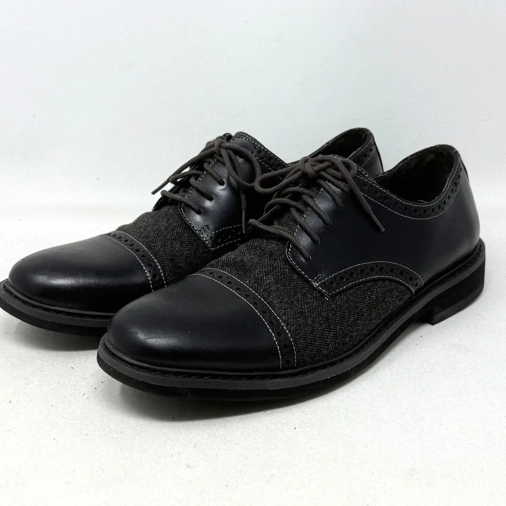 Bass Mens Howie Shoes 11 Black Leather Herringbone Wingtip‎ Oxford Preppy READ